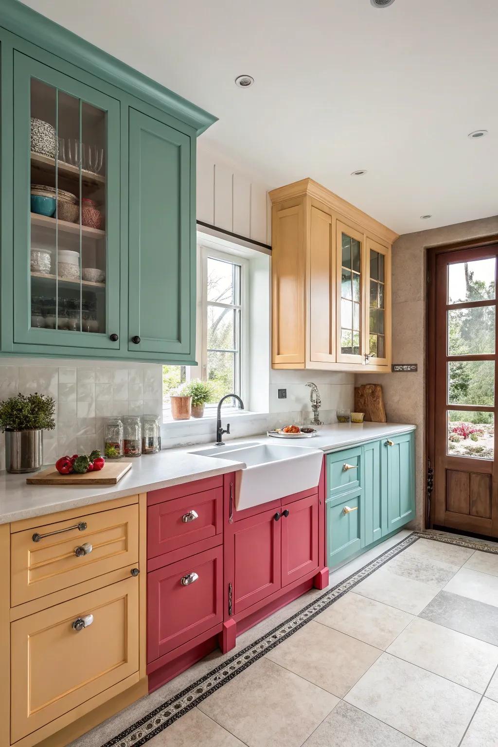 The use of mixed door designs can result in a vibrant and customized cooking area.