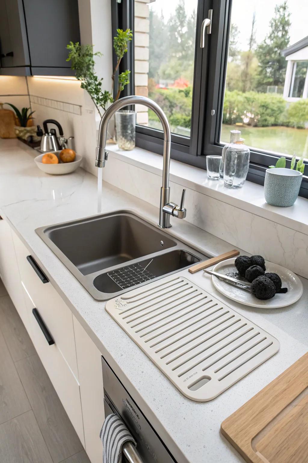 A modern cooking area featuring an attached draining surface for extra convenience.