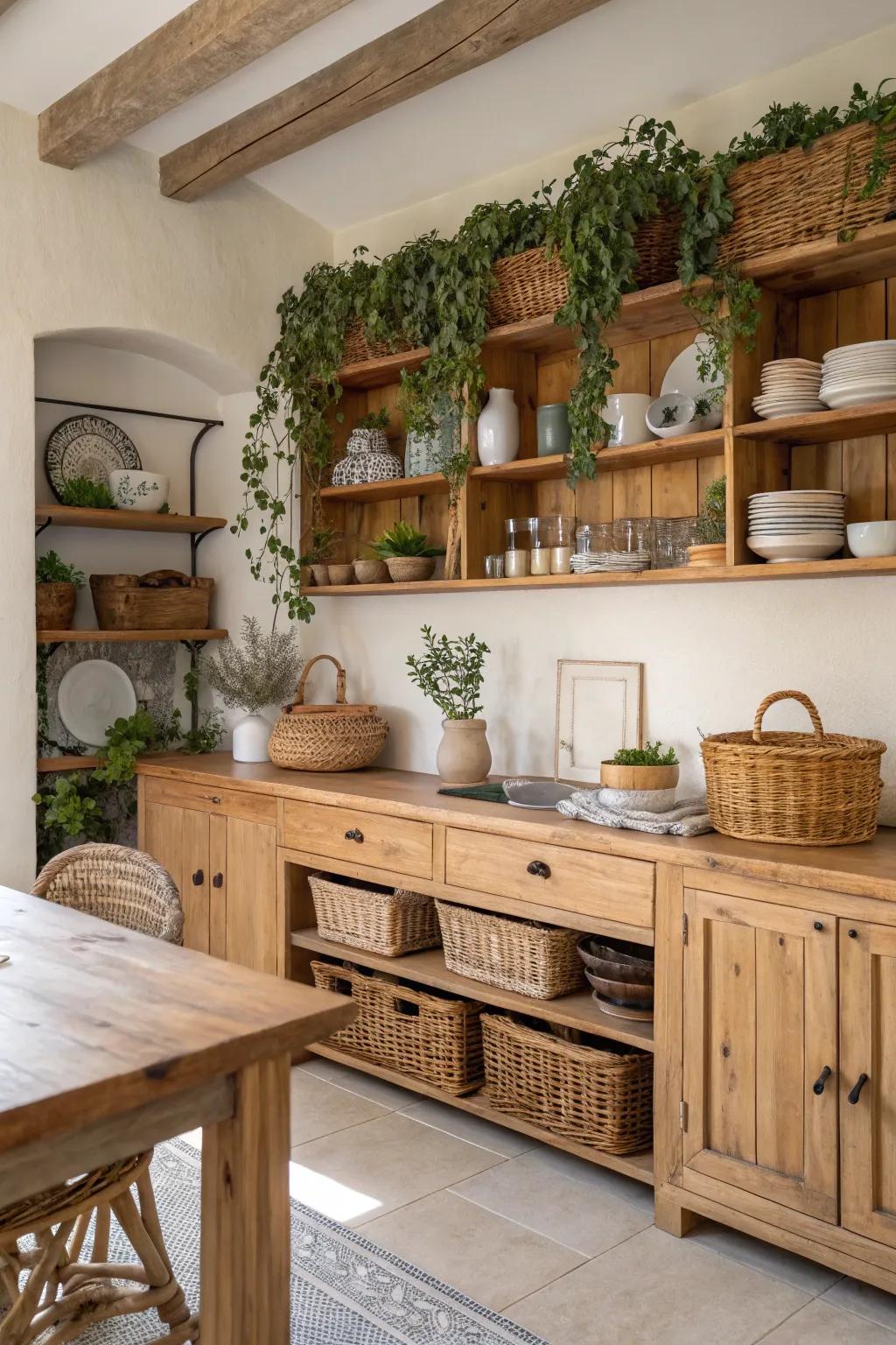 A kitchen integrates natural wood and wicker elements, building warmth and texture.