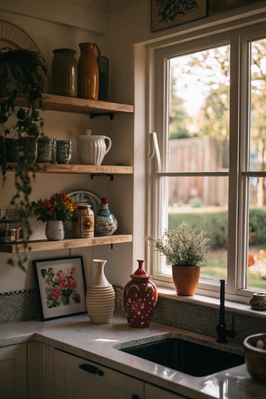Decorative vases and art pieces arranged on kitchen window shelves to create a visually appealing focal point.