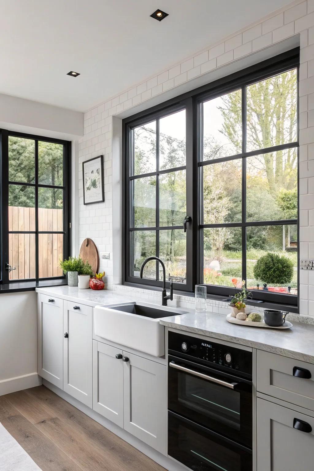 A modern kitchen featuring sleek raven outline windows.