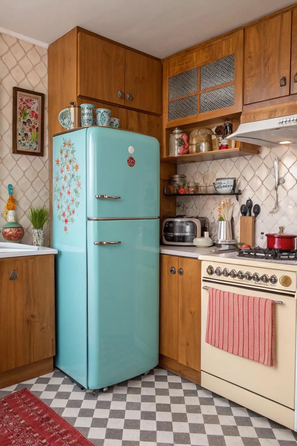 A retro-style fridge that adds a vibrant splash of color and charm to the kitchen.