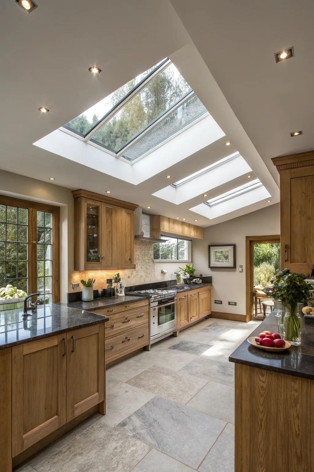 The custom-shaped overhead windows add a unique artistic touch to this cooking area.