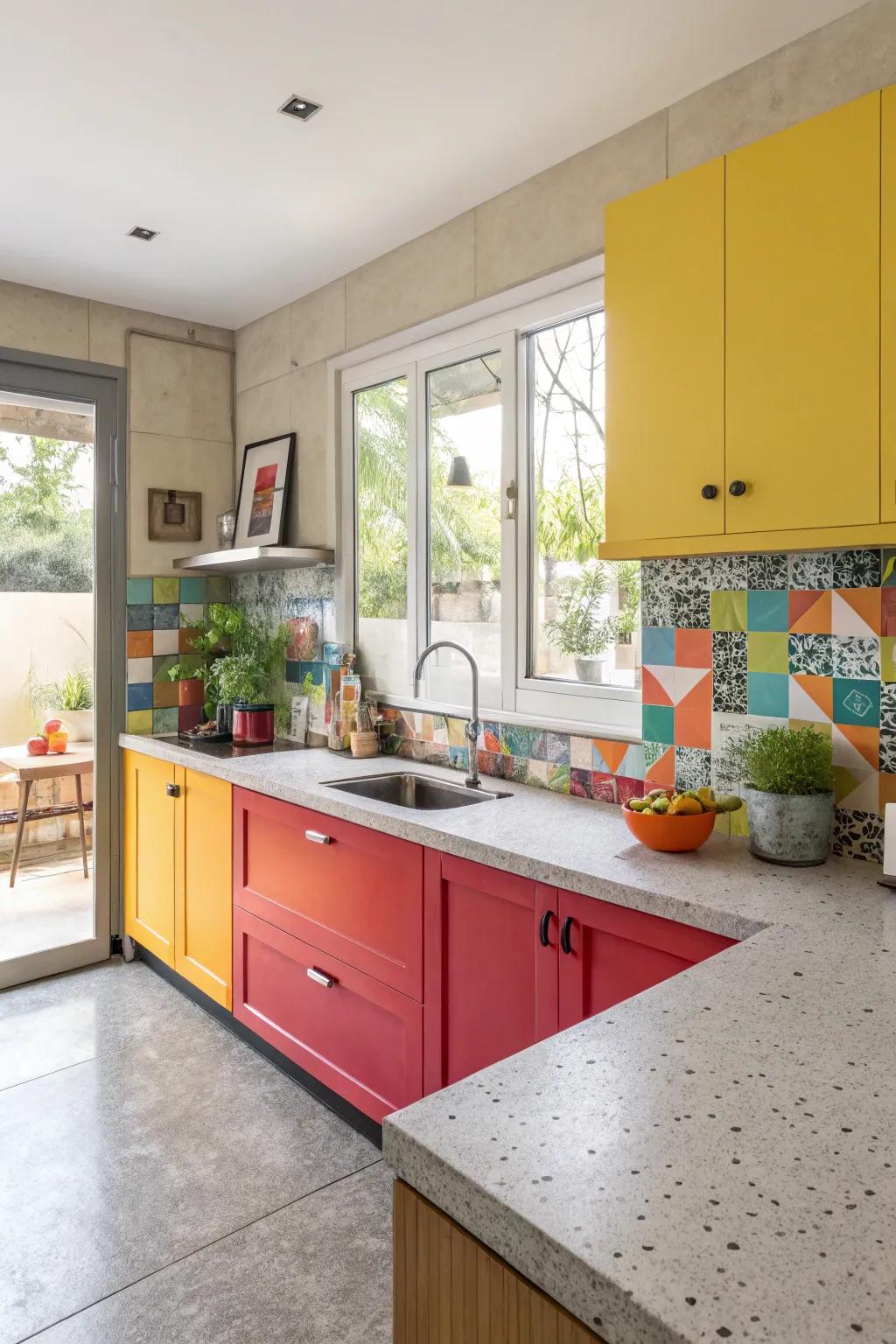 A cooking area that bursts with engineered stone worktops and vibrant color accents.