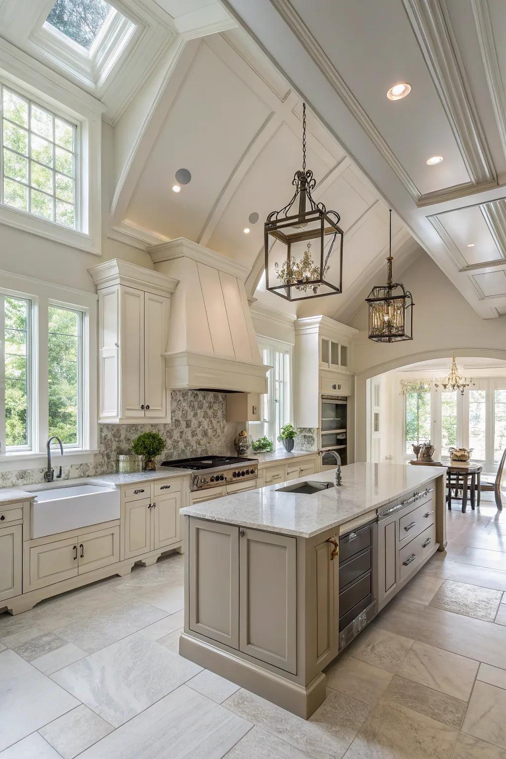 Pale tones enhance the beauty and openness of the kitchen's high ceilings.