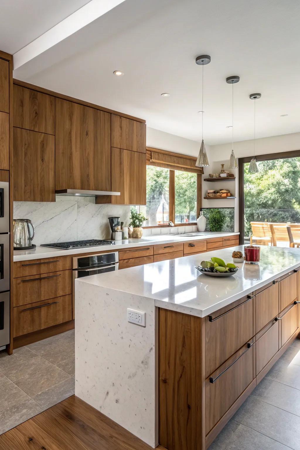 Quartz countertops paired with warm wooden elements.