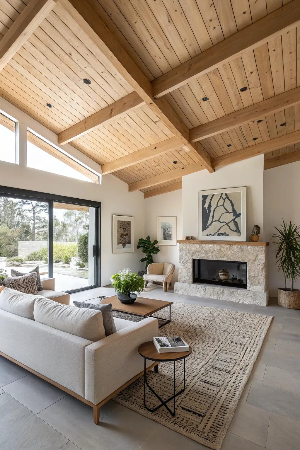 A modern-day living room with a stylish spin on pine planked ceilings.