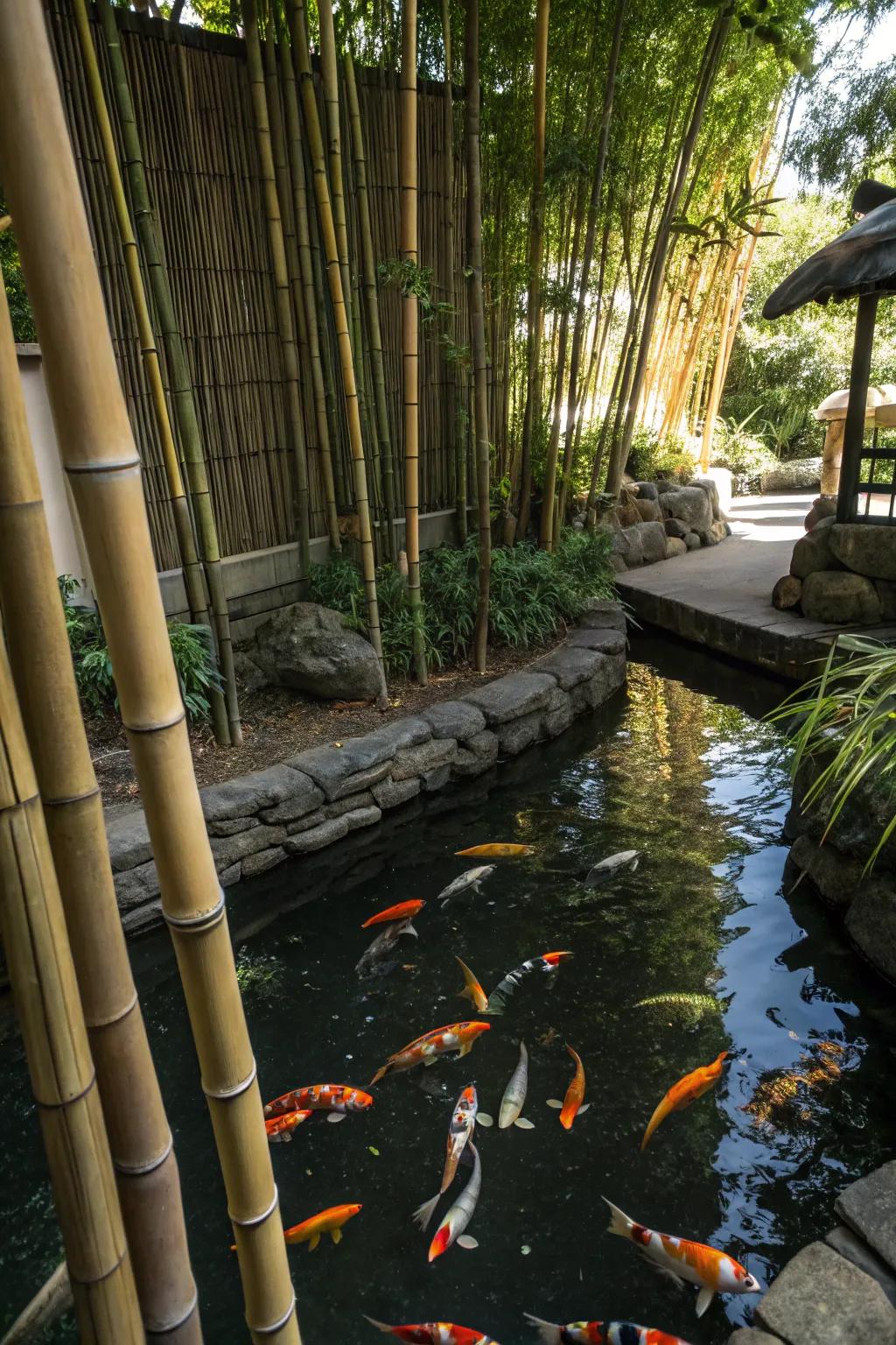 A koi pond with bamboo shades offering a rustic look.