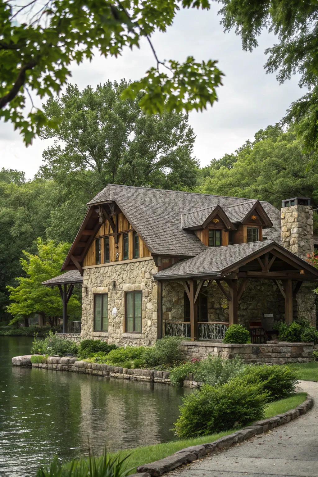 An earthy exterior showcasing wood and stone features.