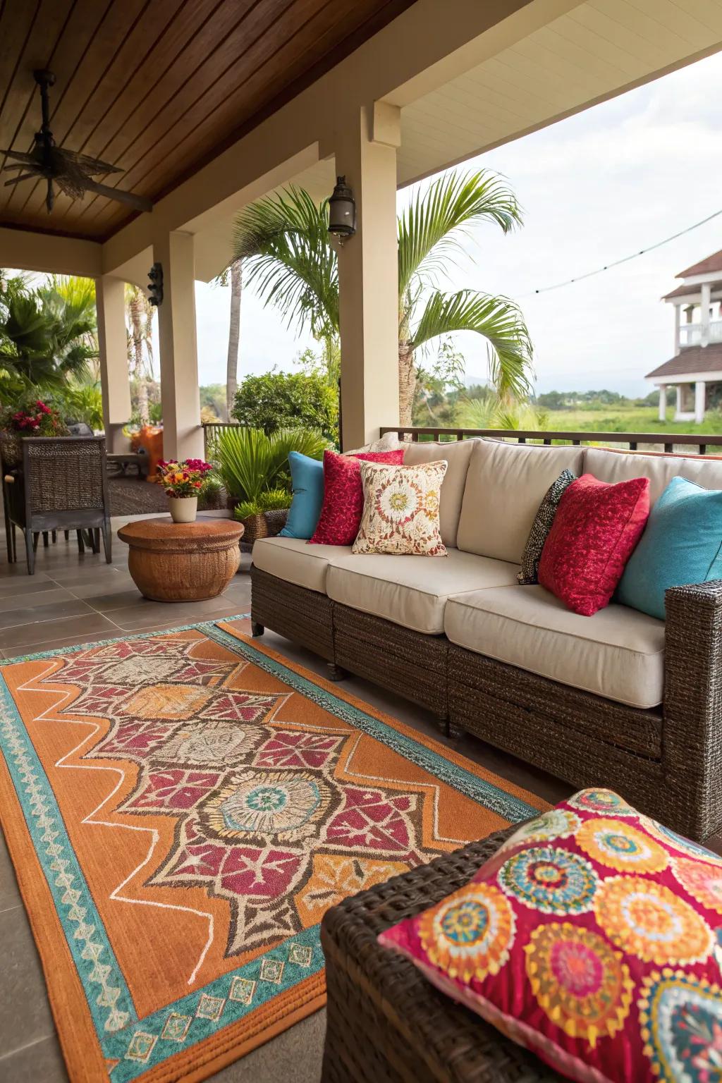 Unique accents impart warmth and style to this lanai.