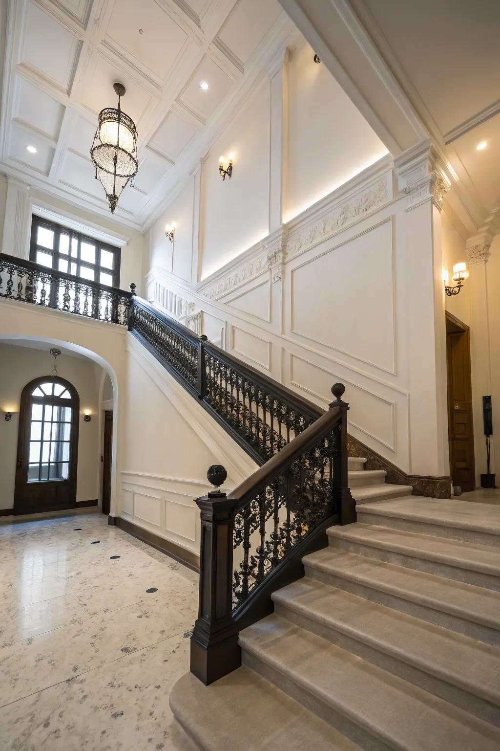 Dark railing against light walls for a bold contrast.