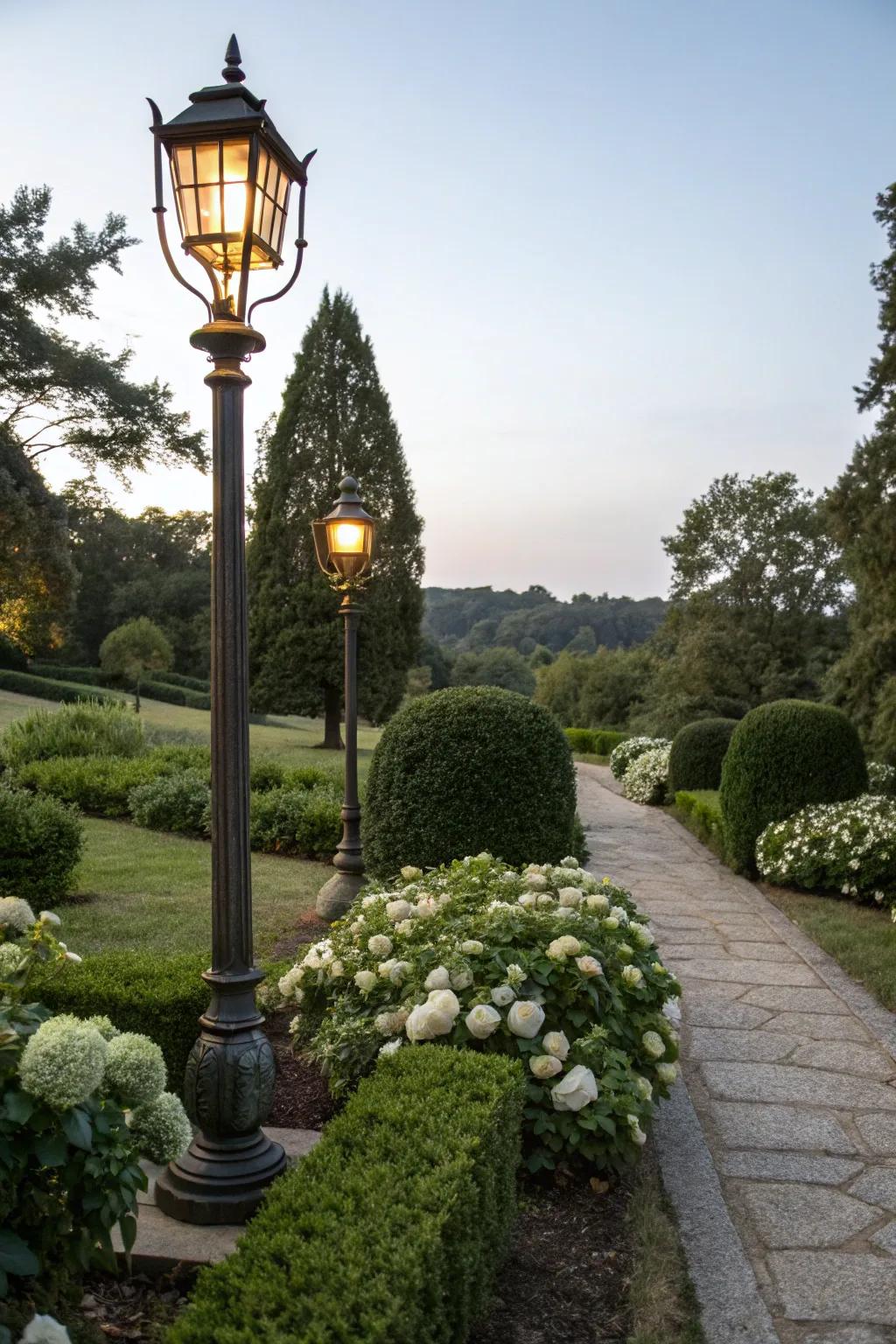 Symmetrical planting around a standing light for an even presentation.