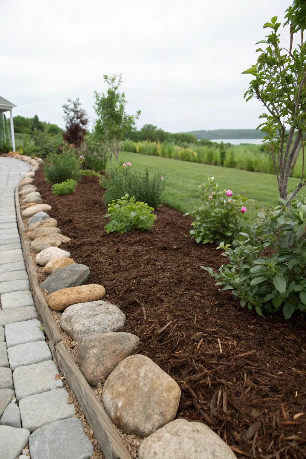 A well-kept garden bed with fresh mulch and stone edging.