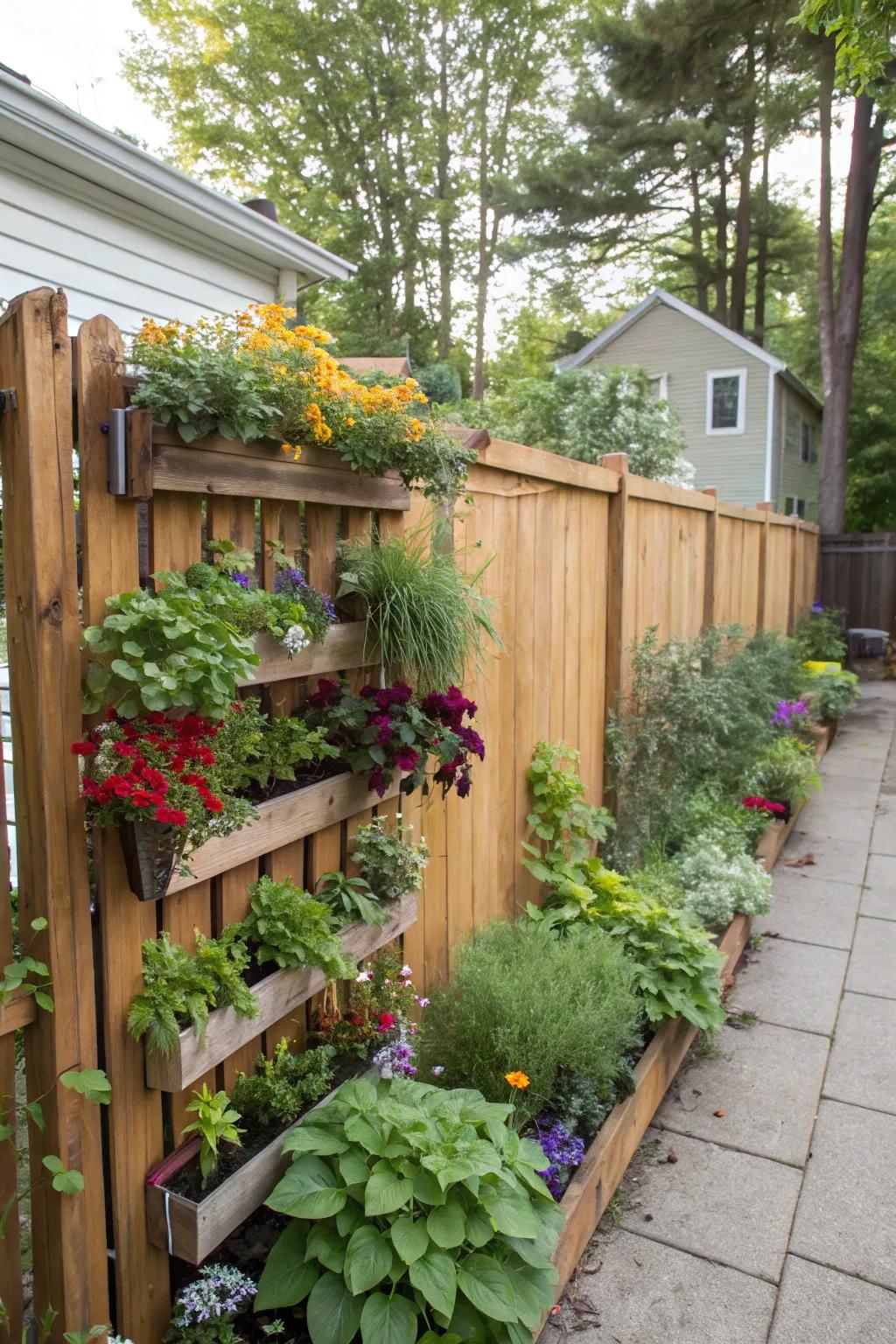 A vertical garden on a fence, showcasing a range of vibrant plants.