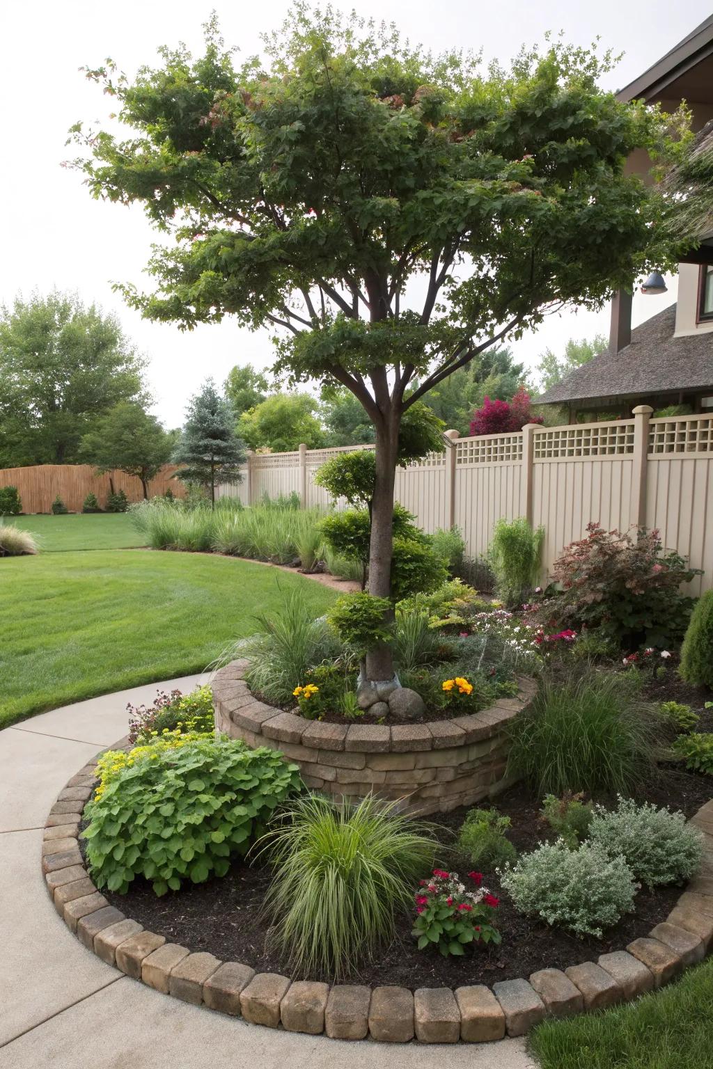 A tree surrounded by staggered plantings, achieving visual depth and appeal.