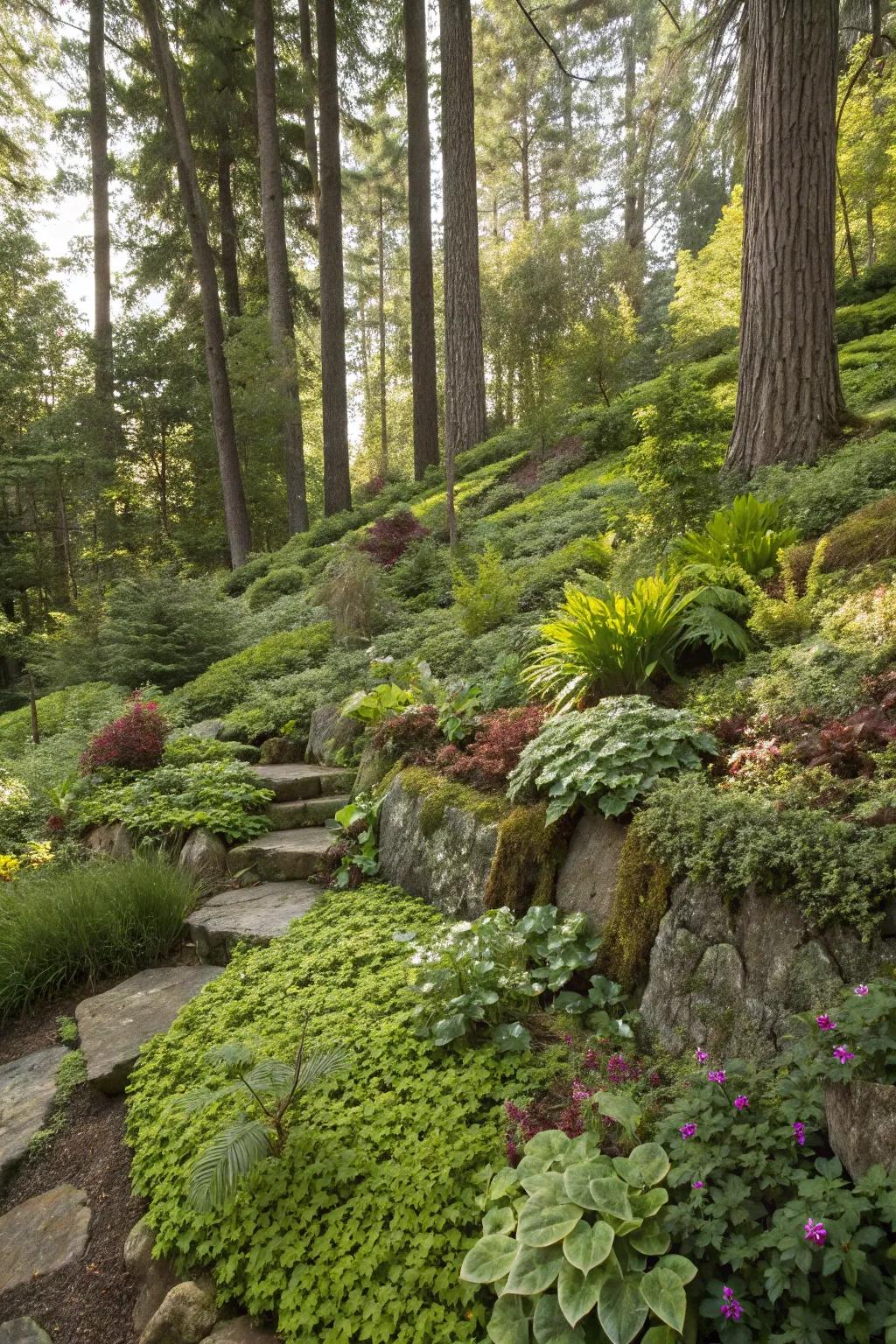 Tiered foliage crafting depth in a forested garden.