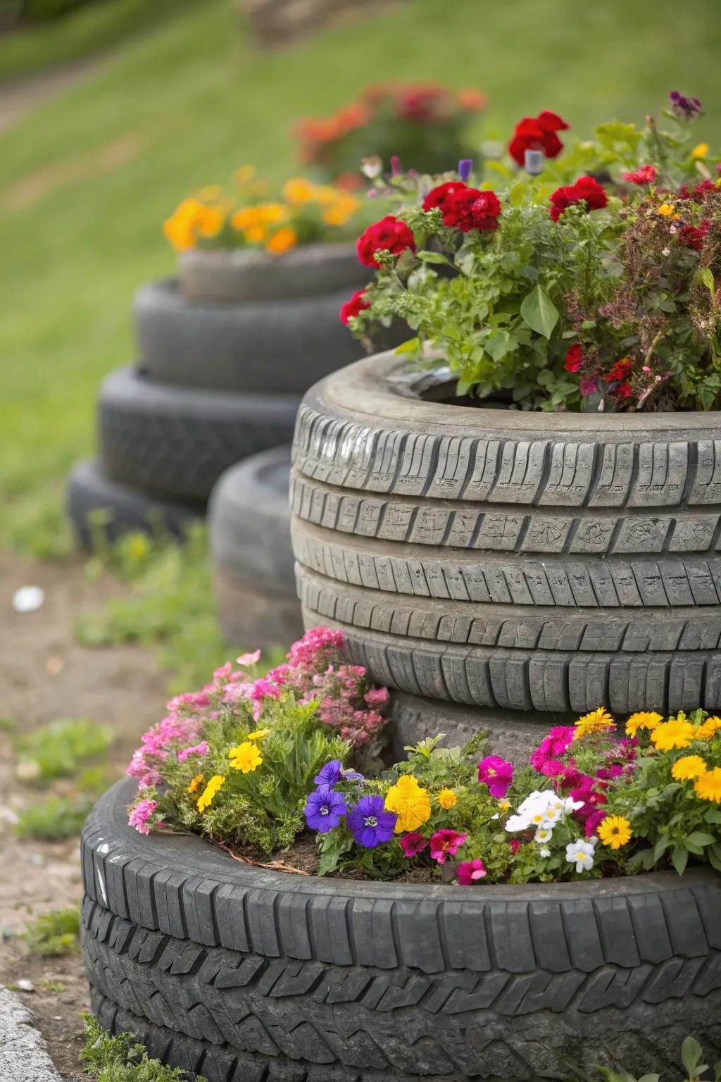 Recycled tires make for a cool and sustainable raised bed.