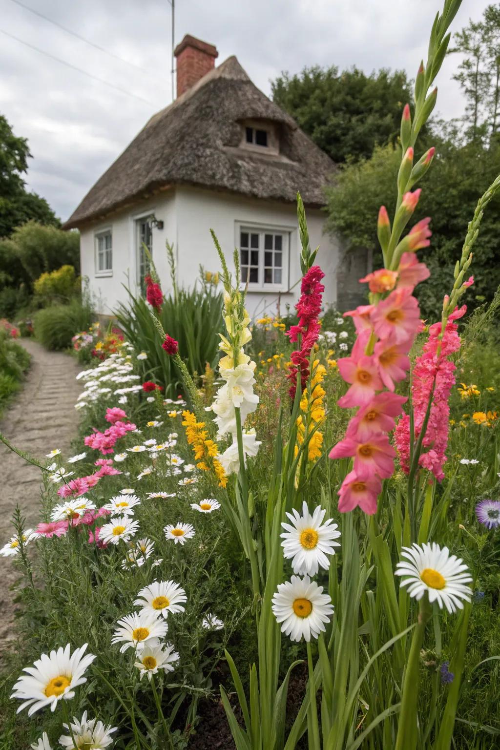 A delightful cottage garden featuring sword lilies for a nostalgic feel.