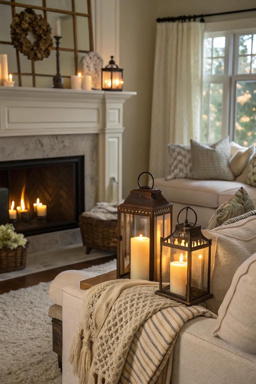 Candle luminaries contribute a vintage allure to an inviting lounge.