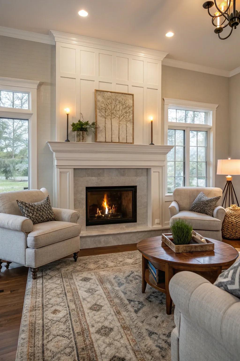 A fireplace serves as a cozy main attraction.