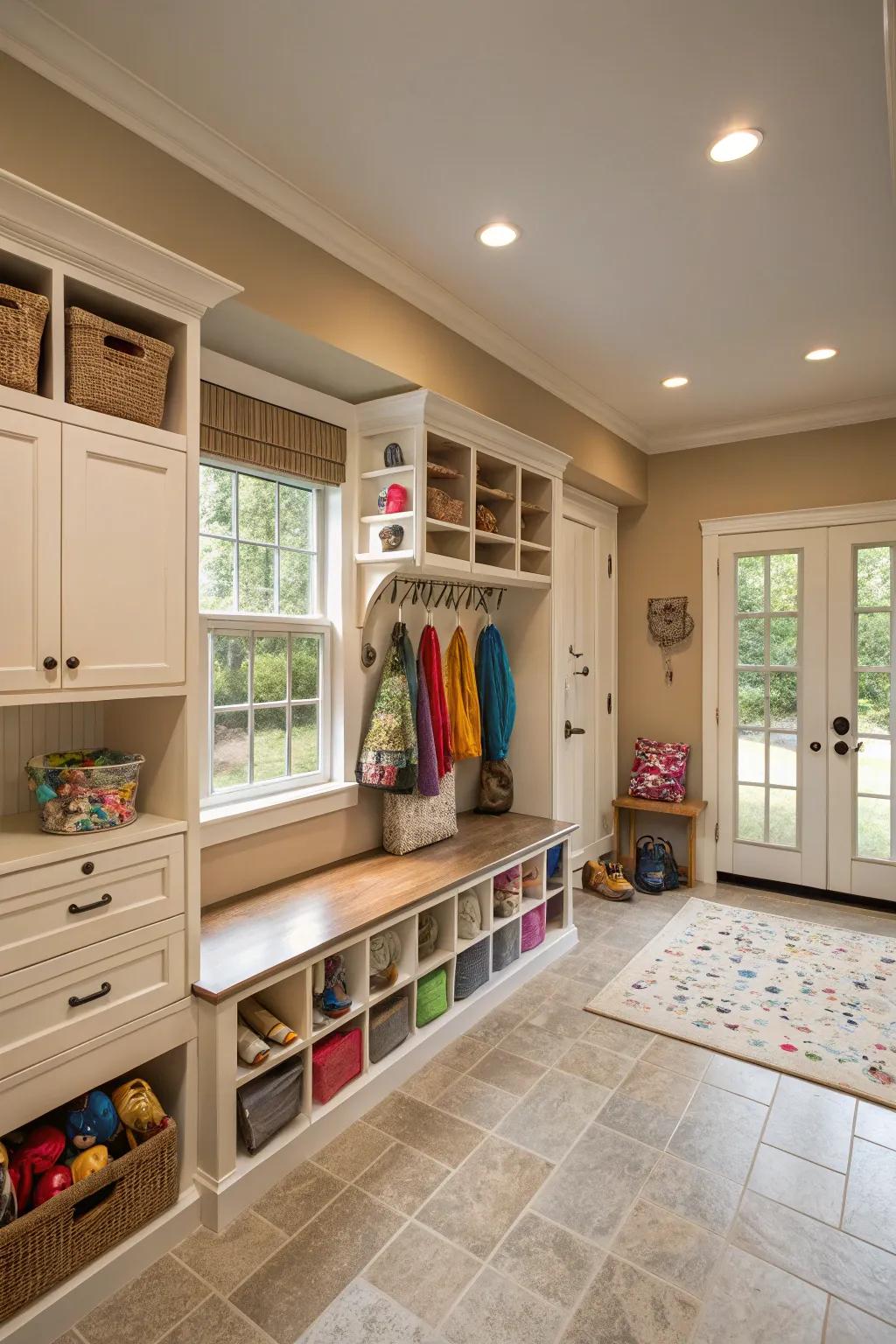 A multi-functional laundry room incorporating craft and mudroom sections.