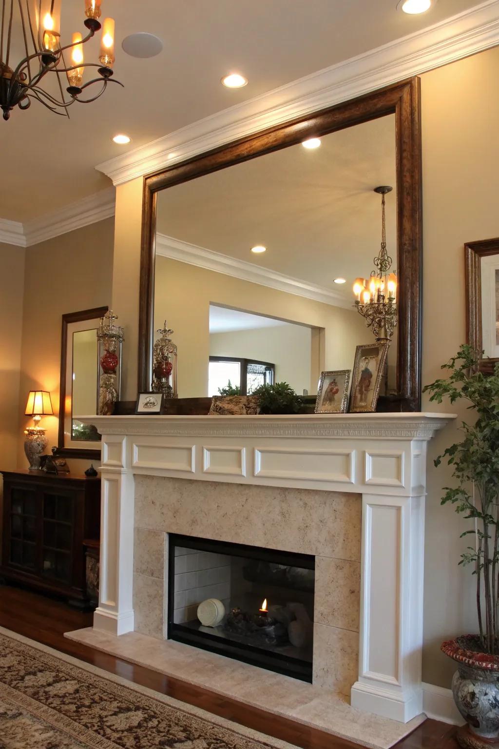 A mirror above the fireplace serves as a captivating centerpiece.