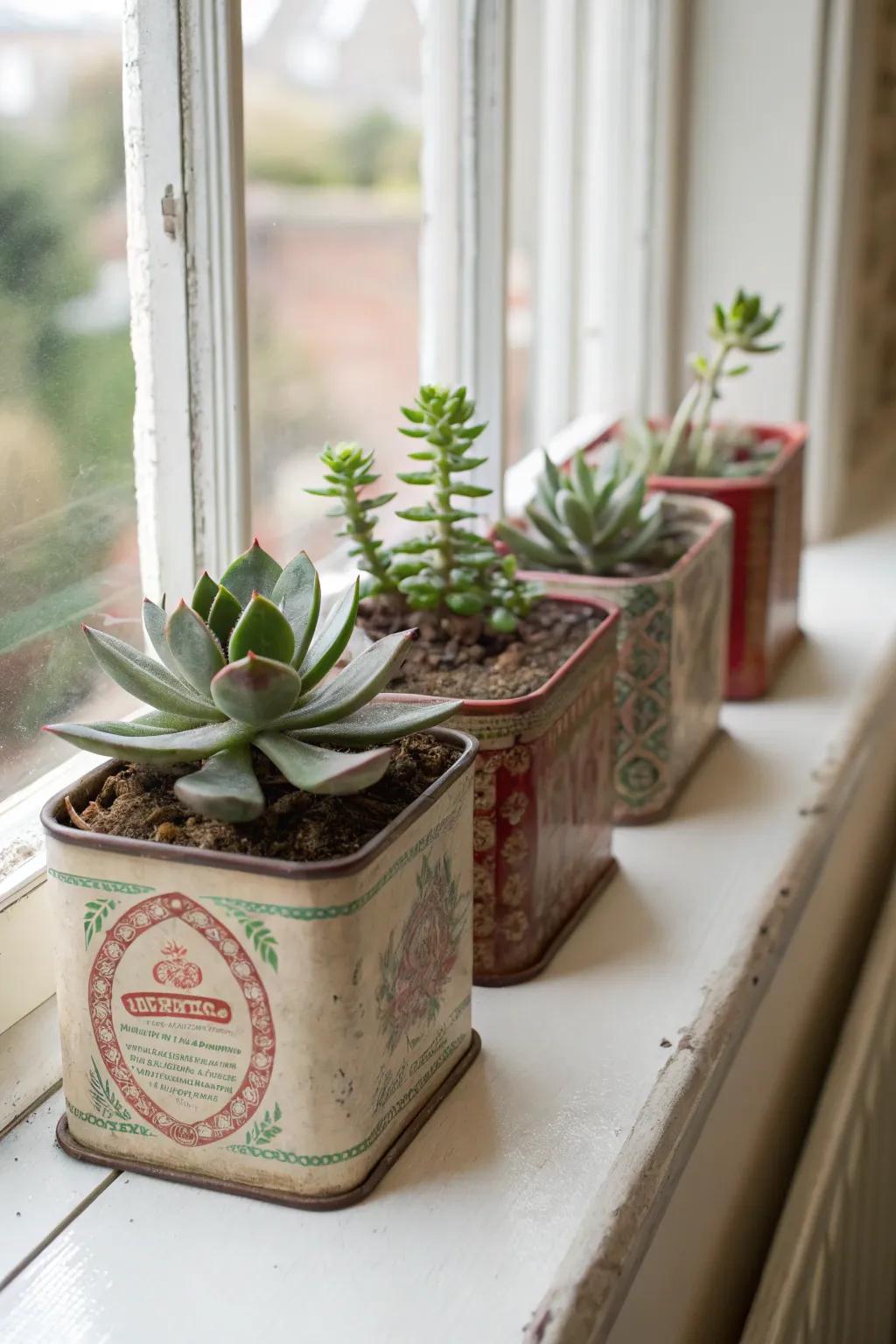Delightful vintage tea containers repurposed as succulent planters.