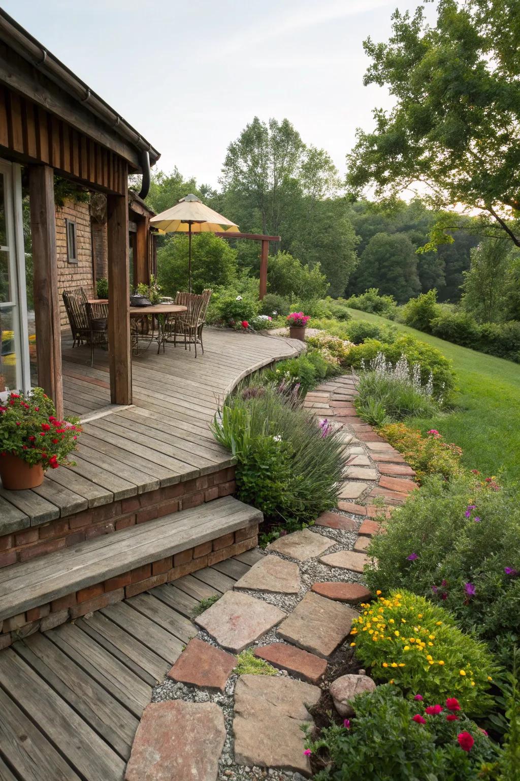 Brick skirting incorporates a dash of rustic allure to this garden deck.