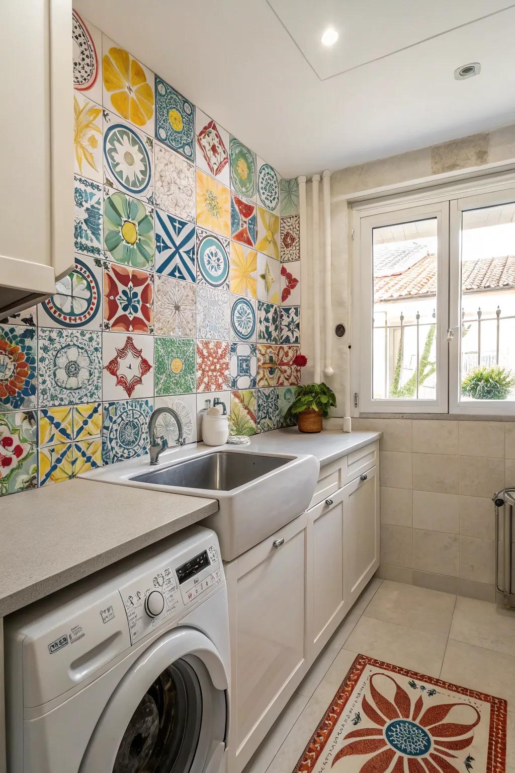 Decorative tiles inject personality and color into your laundry space.