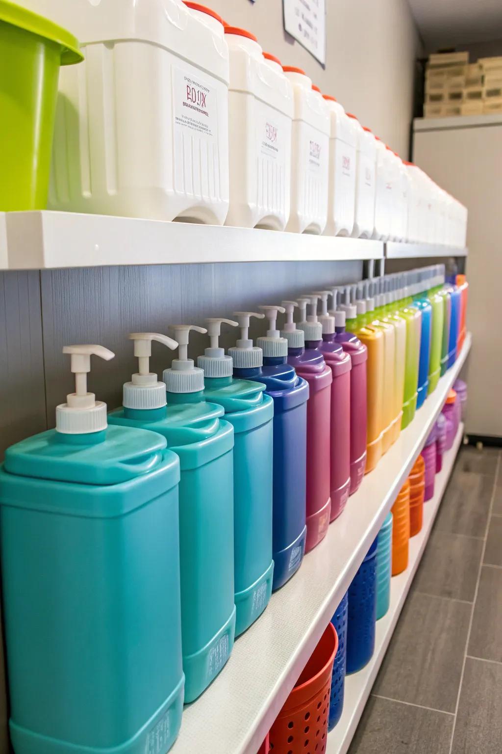 Coordinated dispensers fashion a harmonious washing space.