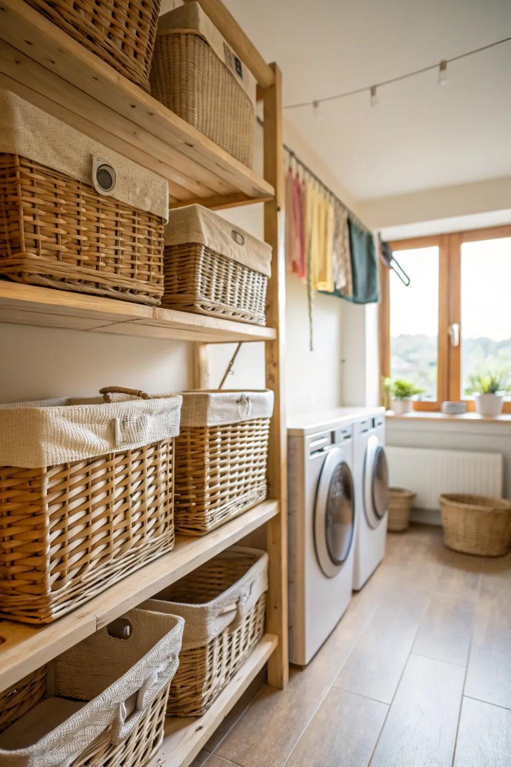 Wicker baskets bring warmth and functionality to this laundry room.
