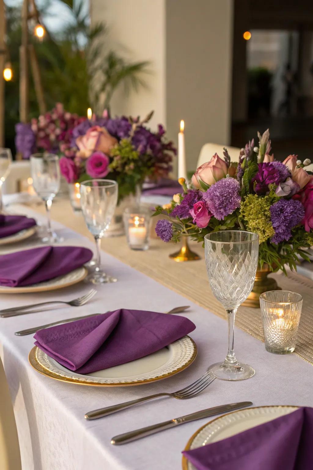 A purple-themed dining table set for an unforgettable experience.