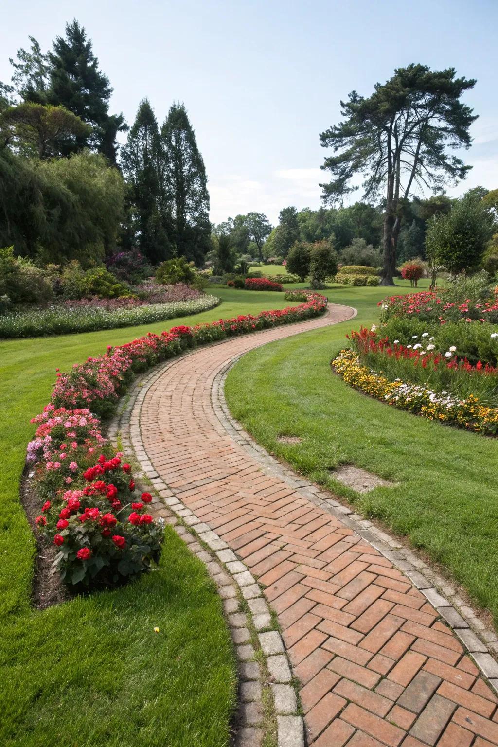 A charming brick pathway meandering through a verdant garden.