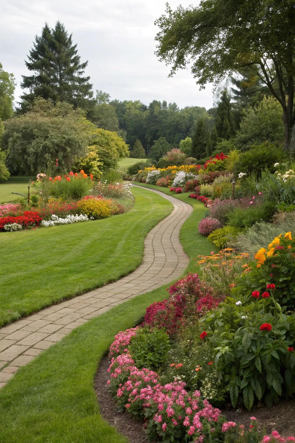 Fluid integration of flower beds within the landscape.