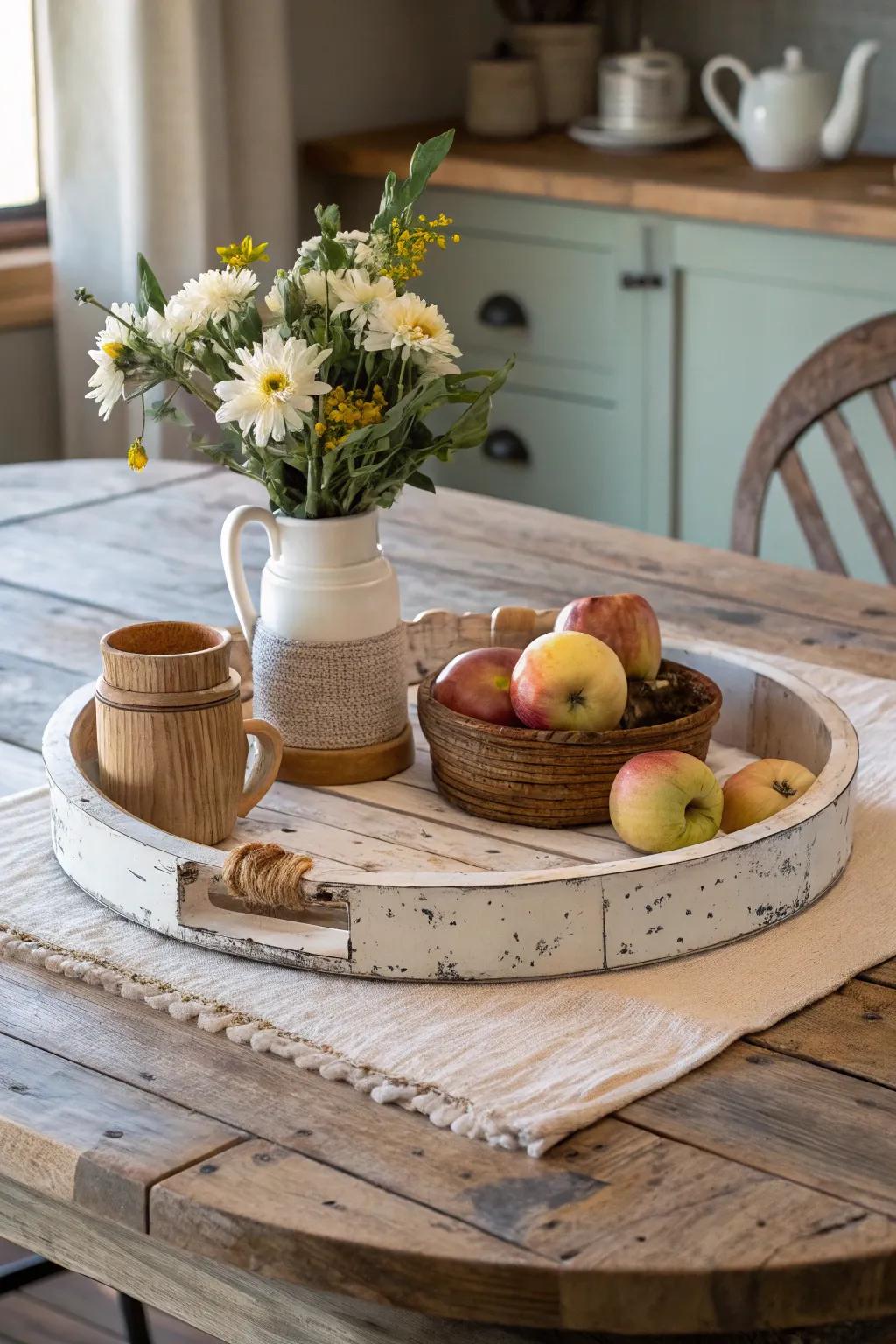A country-style wood rotating organizer ideally suited to a farmhouse visual.