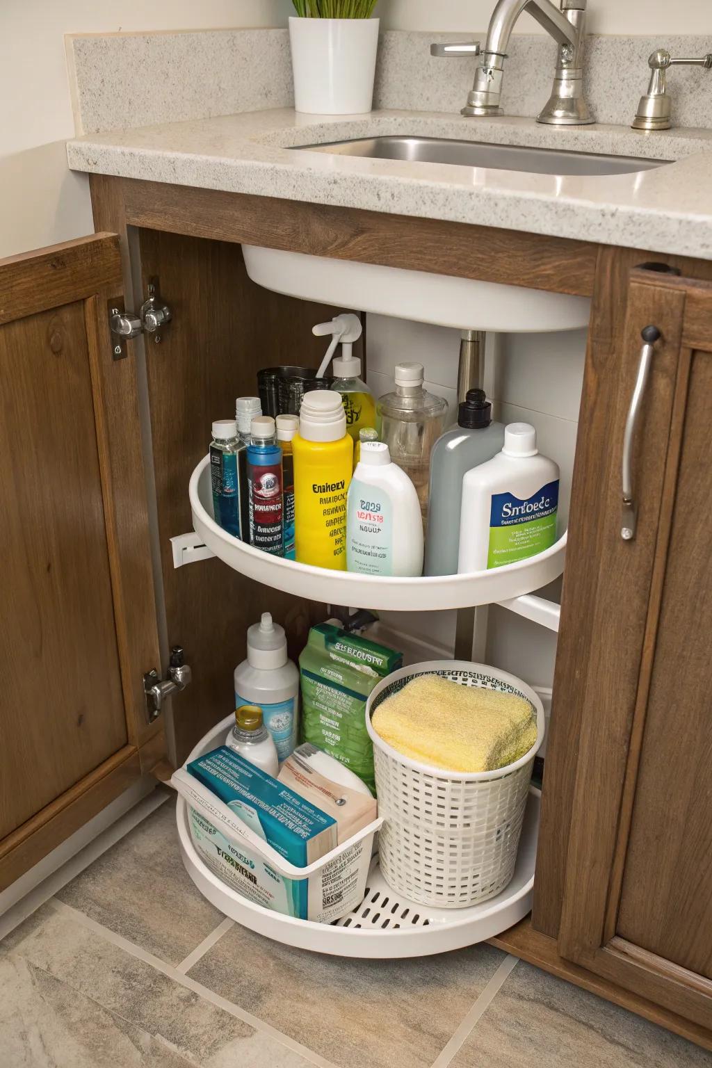 Cleaning under the sink. Organized!