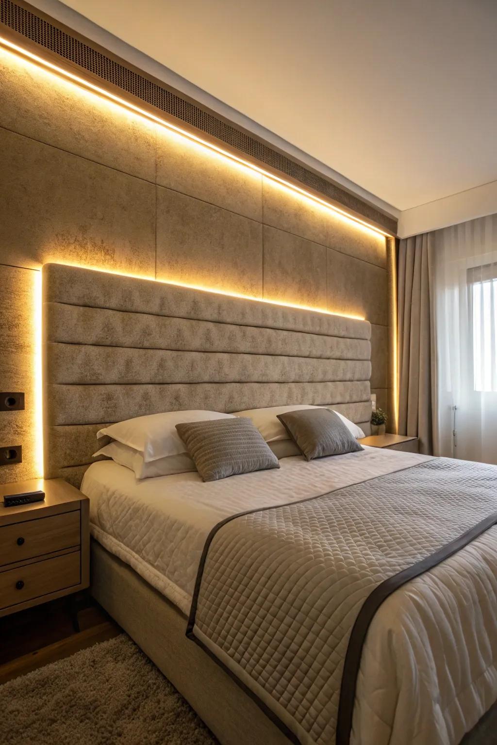 For a dramatic effect, a headboard is lit by SparkLights.