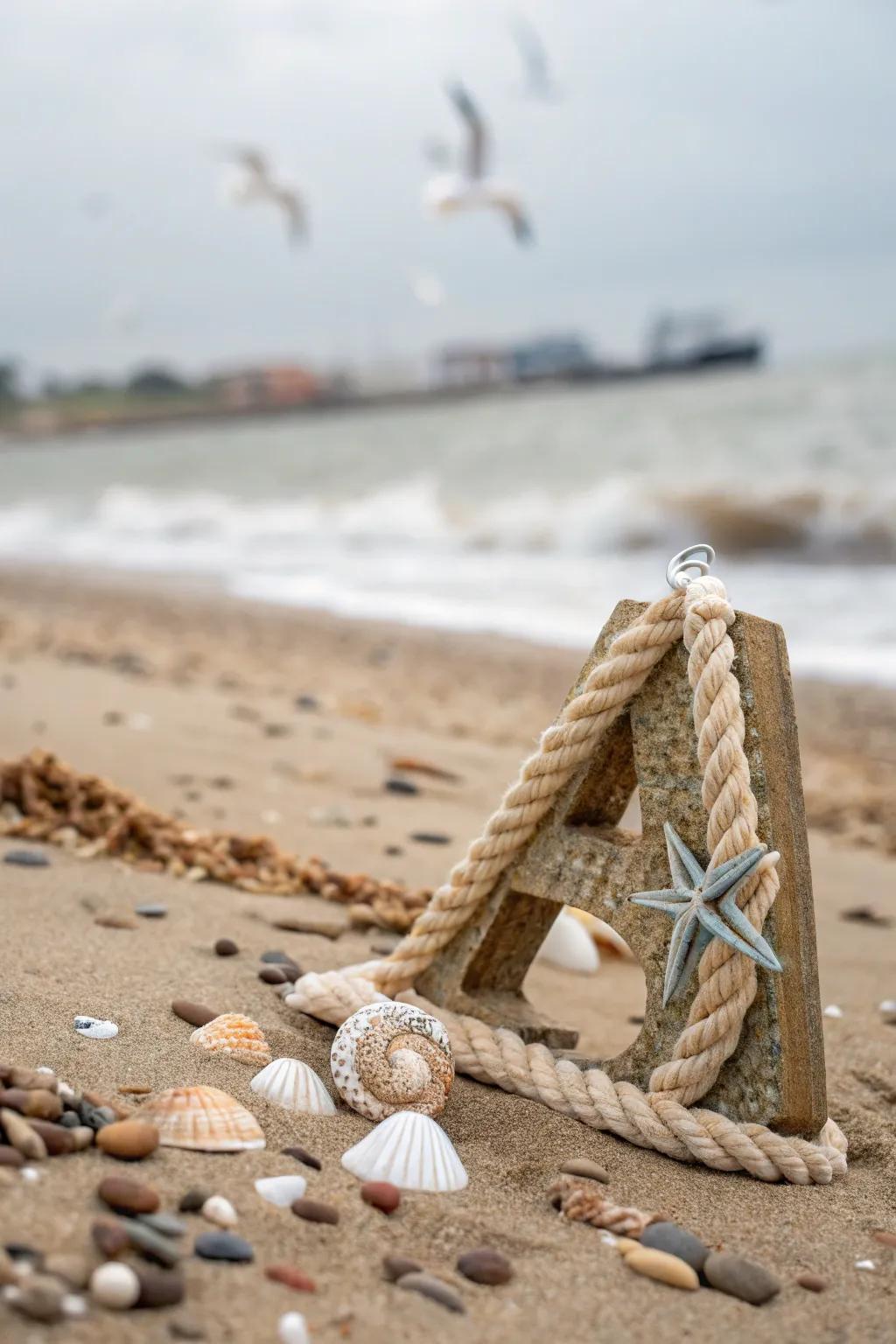 Nautical-themed letter featuring ropes and seashells.