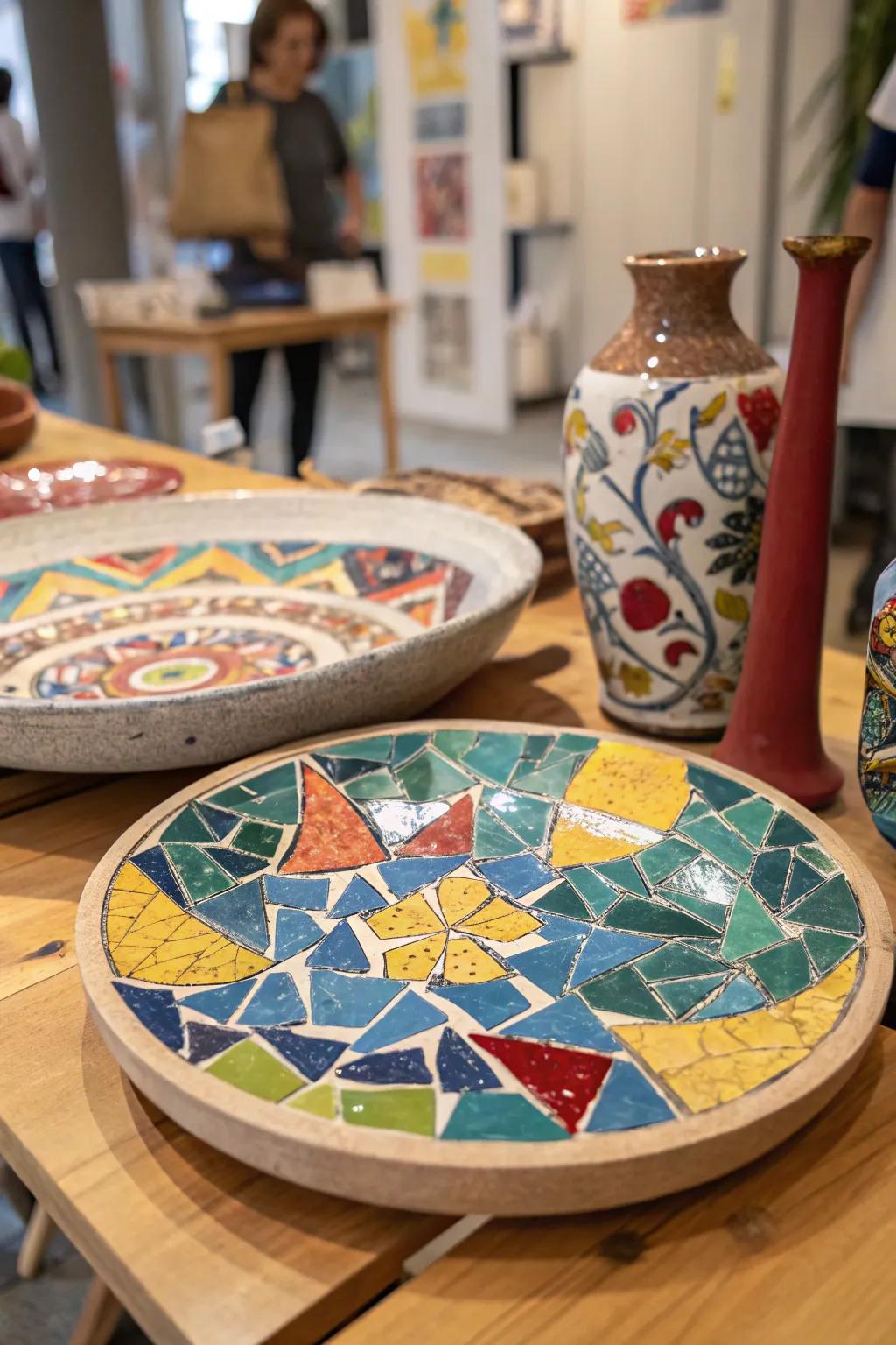 An eye-catching mosaic creation constructed from shattered plate fragments.