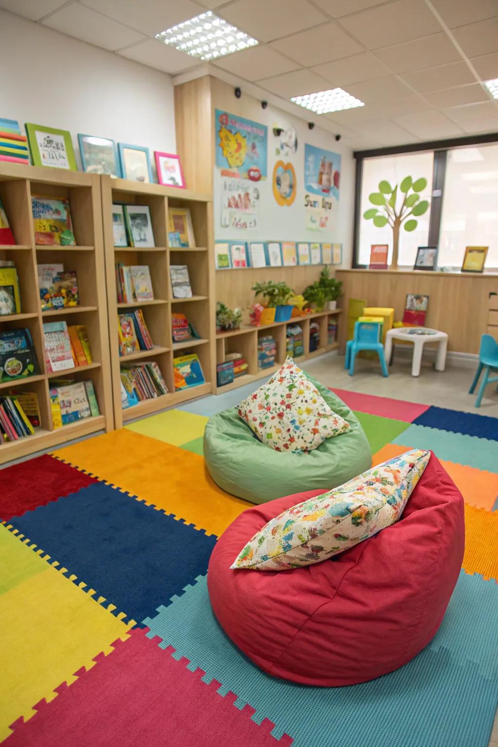 A fun kids' reading space with vibrant, child-sized furniture.