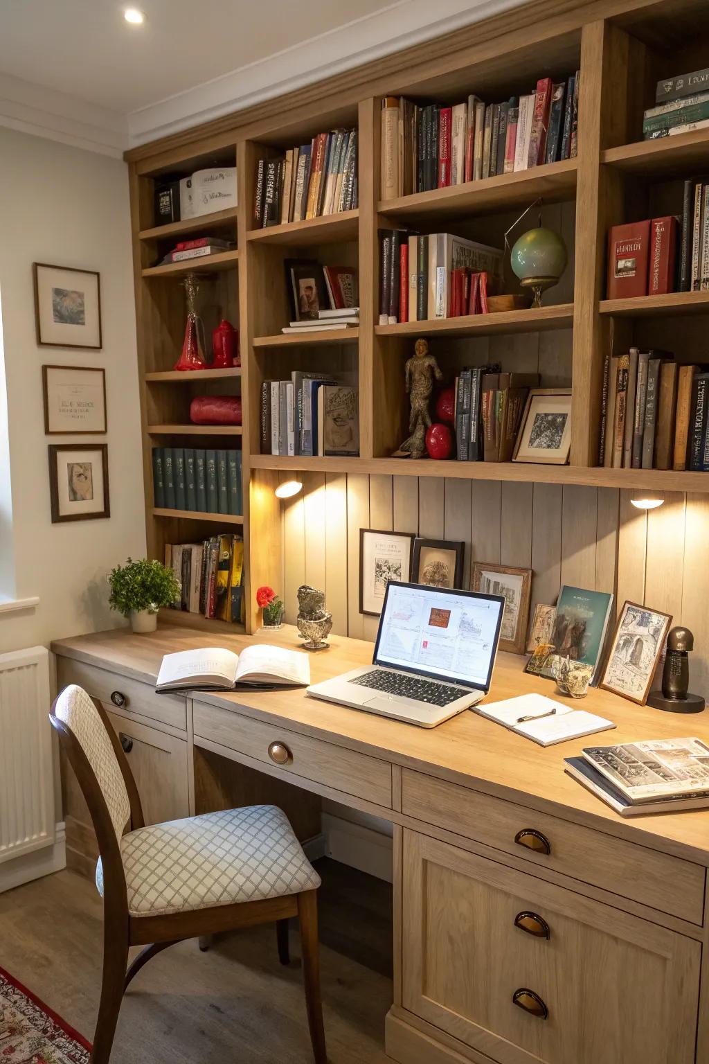 Optimize your space with a smart desk and library combination.