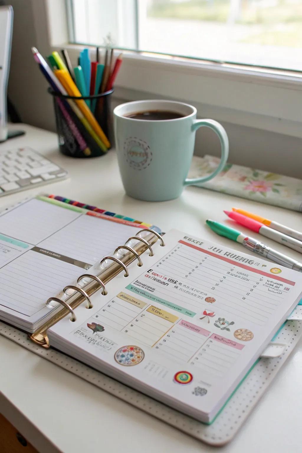A weekly agenda aids in monitoring daily and weekly tasks.