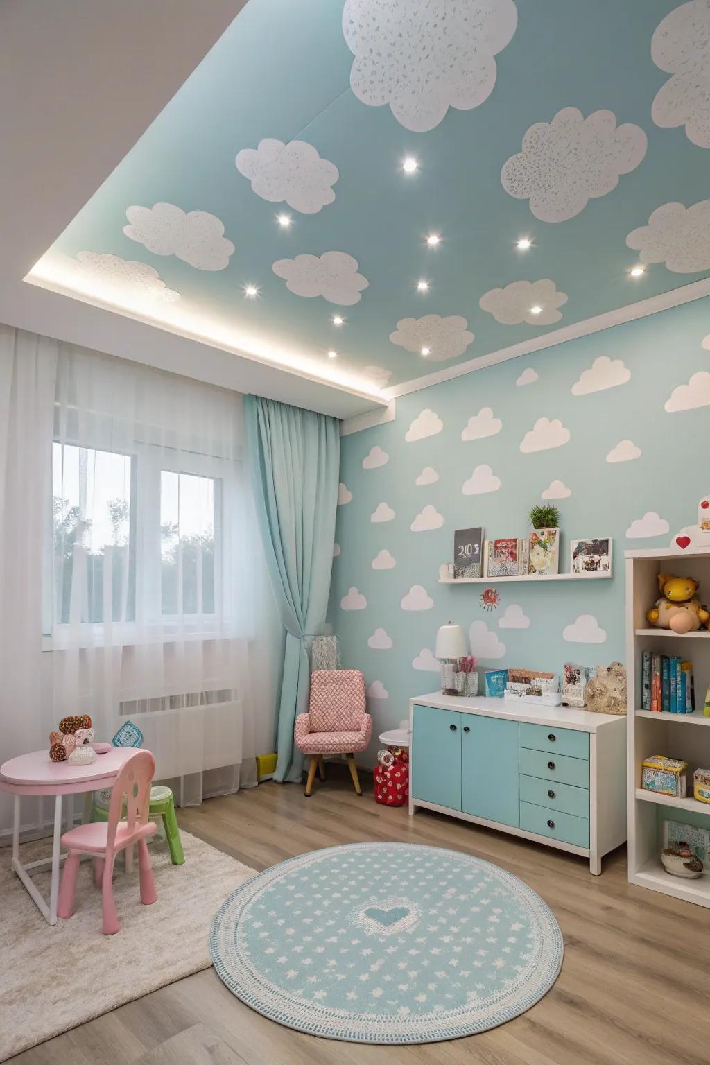 A playful nursery with a light blue ceiling adorned with clouds.