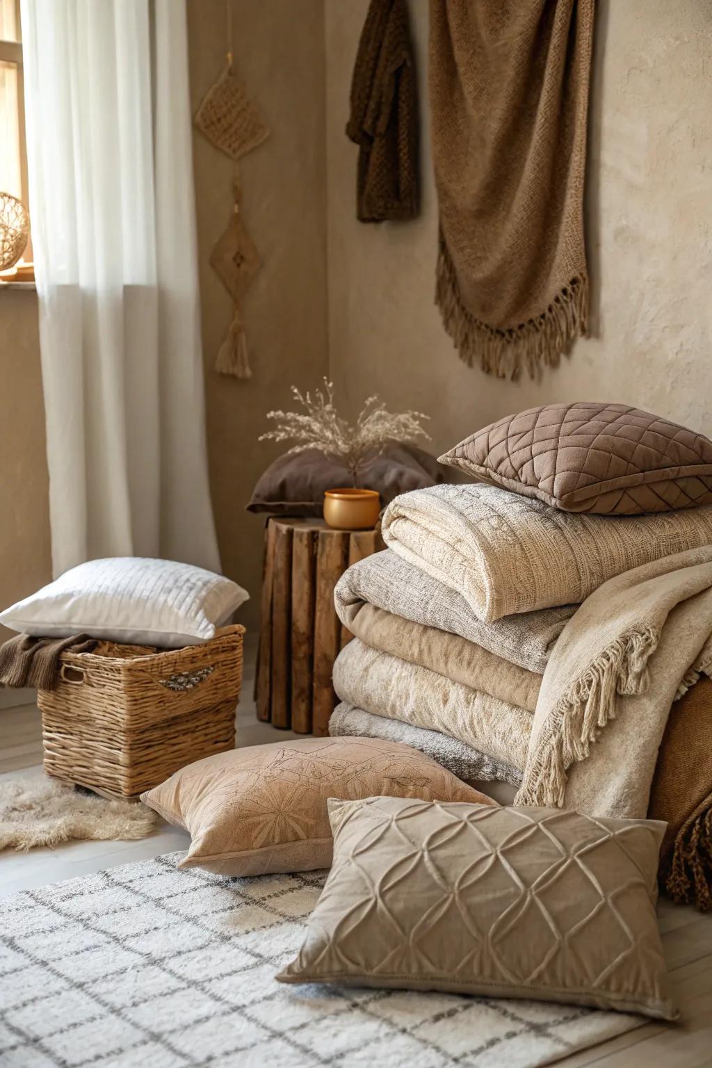 Assorted textures enrich the area's depth and coziness.