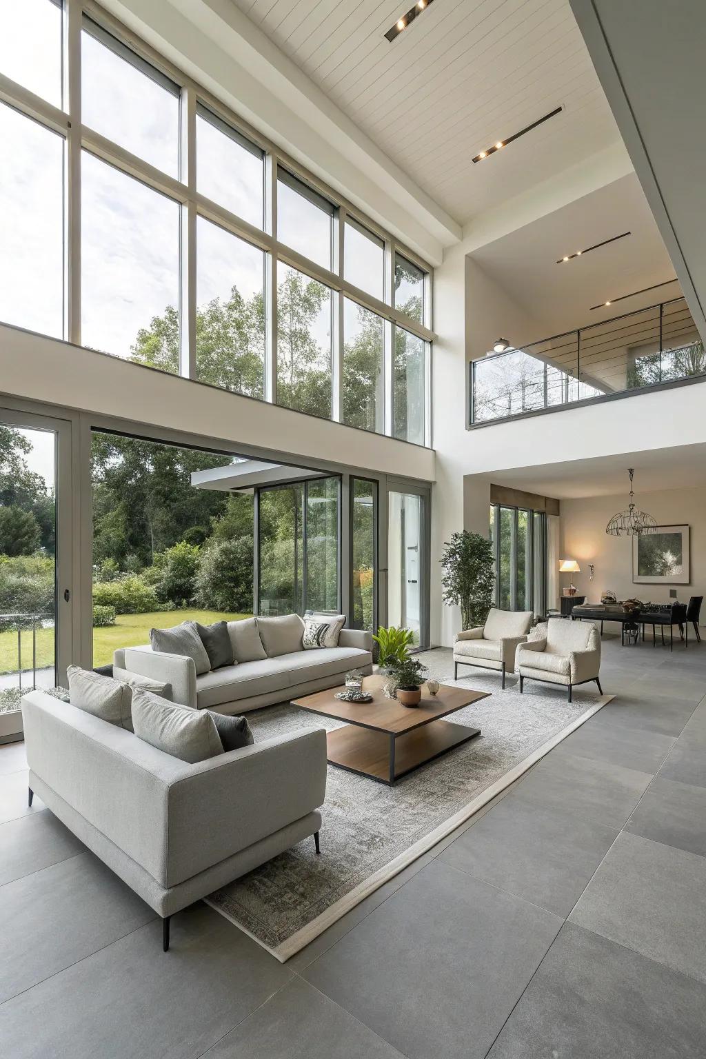 Tone flooring delivers a modern base in this open-plan living area.