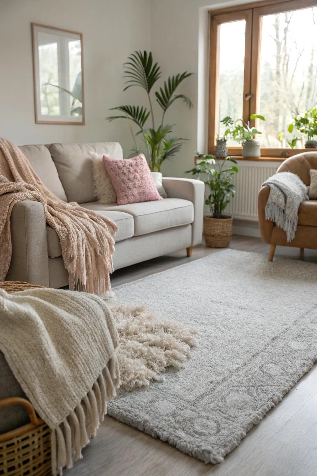 A welcoming living area featuring light grey flooring and plush textures.