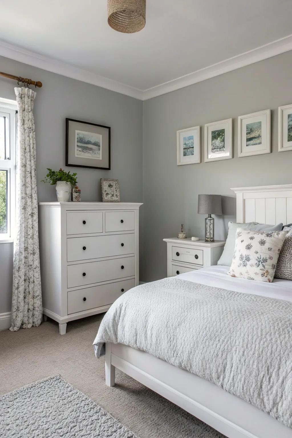 White accent furniture complements light grey walls beautifully.