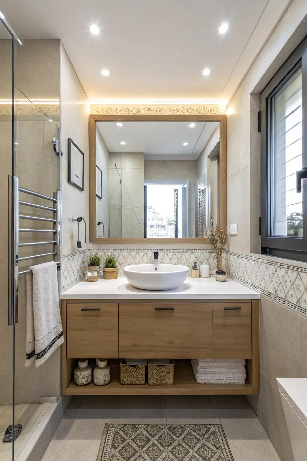 A large mirror that amplifies light and space in a compact bathroom.