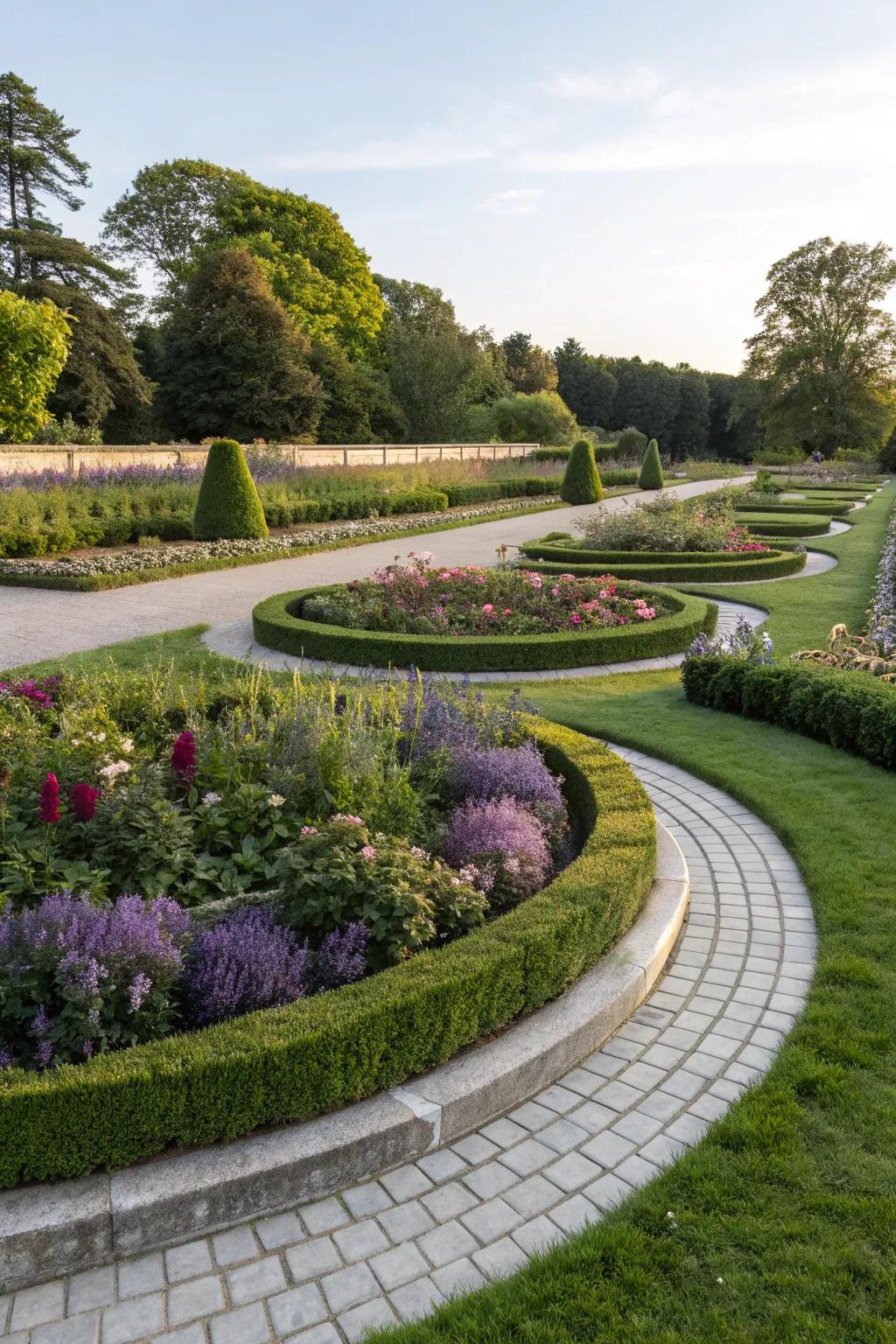 Circular garden beds enhanced by the precise lines of Whispering Grass.