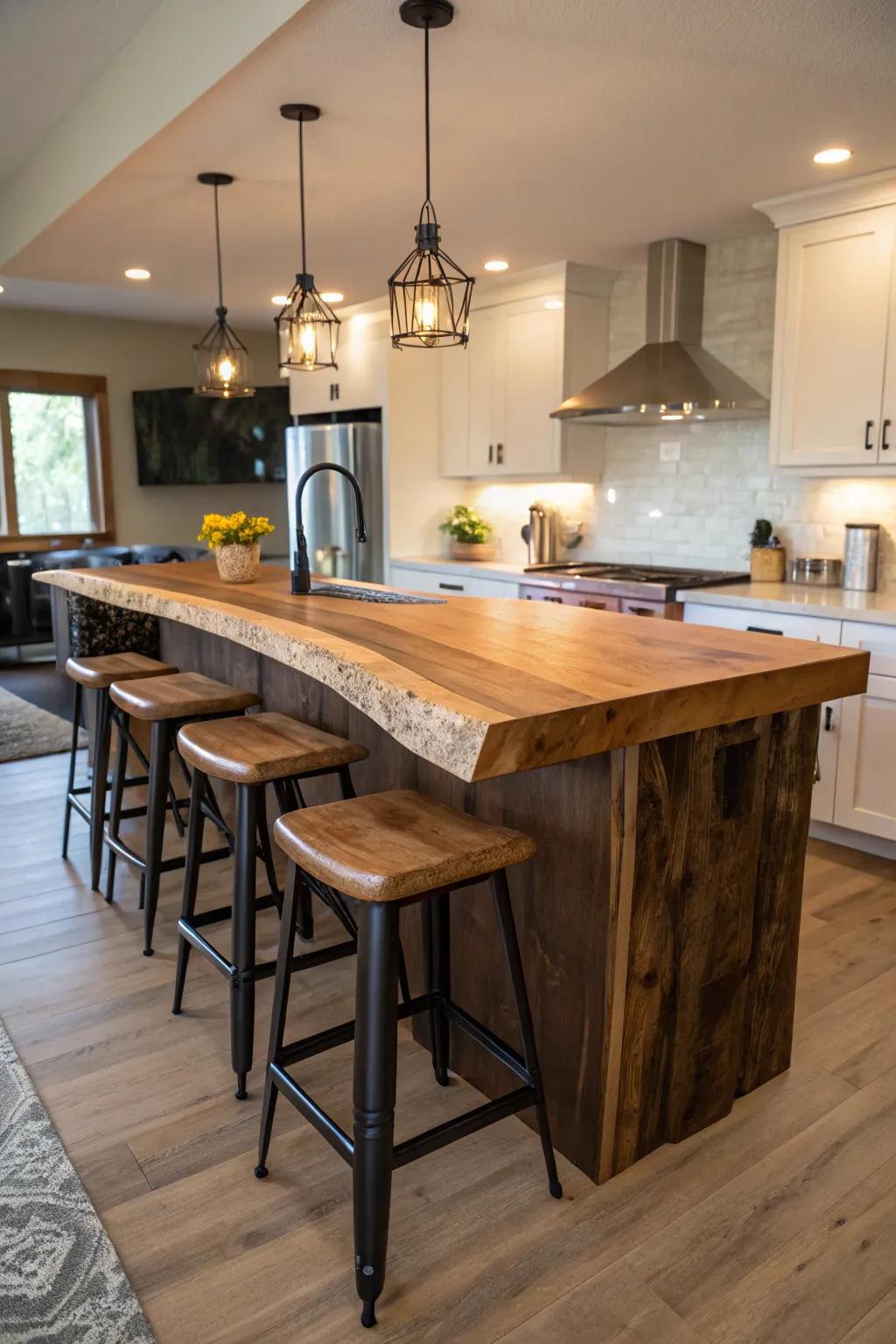 A kitchen island that looks inviting with a natural edge, which is great for parties.